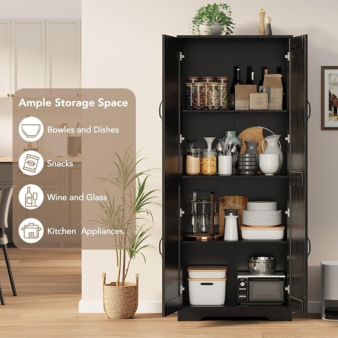 IDEALHOUSE 60" Tall Pantry Cabinet | Kitchen Storage Cabinet with 2 Doors & Adjustable Shelves, Wooden Cupboard for Bathroom，Dining Room, Living Room, Black