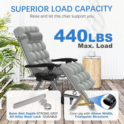 Slendor Zero Gravity Chair, Recliner Lounge Chairs with Cushion,Gray | Reclining Lounge Chair, Folding Anti Gravity Chairs w/Upgraded Lock, Removable Upgraded&Headrest, 440lbs, for Indoor Outdoor