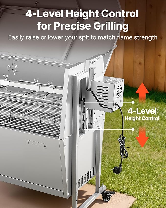 VEVOR Rotisserie Grill, 52in BBQ Outdoor Pig & Lamb Spit Roaster, Charcoal Spit Roaster with 132 LBS Capacity, Wheels, 4-Level Height, Stainless Steel Electric Rotisserie Grill Kit for Camping Outdoor