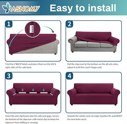 Asnomy Stretch Couch Covers for Sofa Washable, 3 Cushion Couch,Wine Red | 1-Piece Sofa Covers(78"-94") 3-Seater Furniture Protector Soft Jacquard,Non-Slip Elastic Bottom For Dogs & Kids