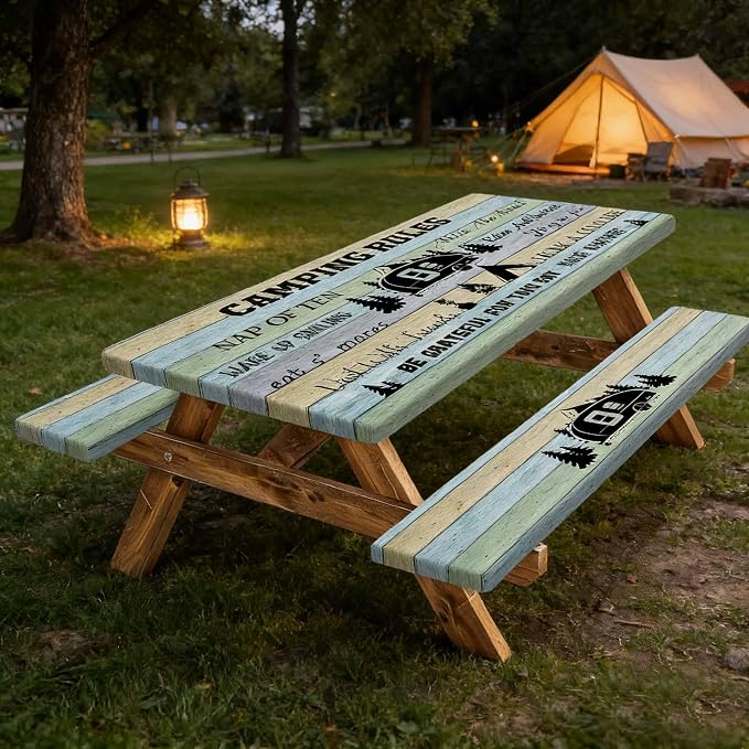 Wooden Camping Rules Picnic Table Cover with Bench Covers and Bag, Waterproof Windproof, Fitted Tablecloth Cover with Elastic Edge, for Indoor & Outdoor, Garden, Camping, 3 Pieces Set, 30x60 Inch
