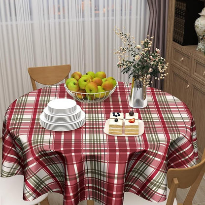 Sweetshow Xmas Checkered Table Cloth Round 70 Inch Polyester Table Cover | Red Green Buffalo Plaid Table Cloth Round Winter Xmas Tablecloth Washable Stain and Wrinkle Table Cover for Dining Picnic