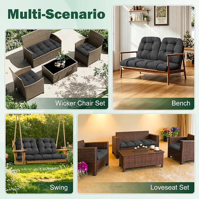 Outdoor Wicker Chair Cushions, 44×19×4 in, Waterproof, Dark Grey | Waterproof Wicker Furniture Cushions, Fade Resistant, 3 Piece Patio Furniture Cushions Set for Bench, Loveseat, Swing, Settee