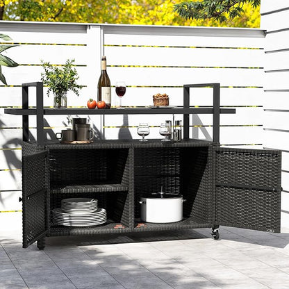 DWVO Outdoor Kitchen Island,Patio Buffet Cabinet with Storage, Bar Cart with Glass Top,Patio Storage Cabinet with Wheels,Outdoor Bar Table for Poolside and Backyard,Black