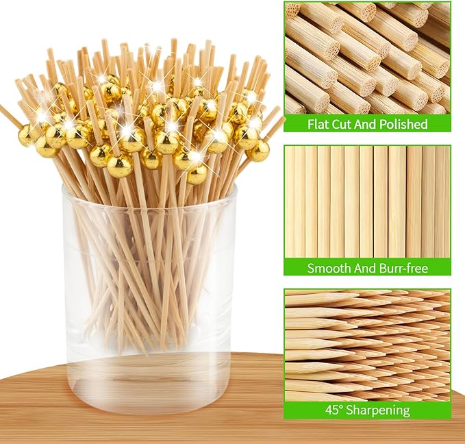 100 Counts Gold Cocktail Picks, Fancy Toothpicks for Appetizers Drinks Desserts Charcuterie, Pearl Food Picks Wooden Sticks for Wedding Party Supplies Decorative - 4.7 Inch