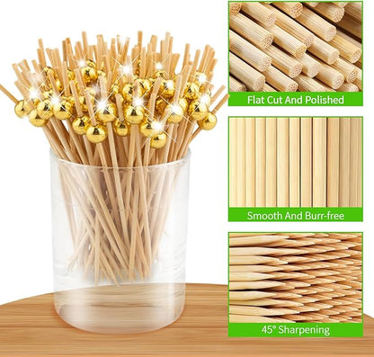 100 Counts Gold Cocktail Picks, Fancy Toothpicks for Appetizers Drinks Desserts Charcuterie, Pearl Food Picks Wooden Sticks for Wedding Party Supplies Decorative - 4.7 Inch