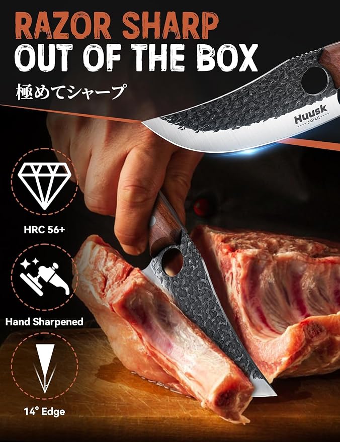 Huusk Viking Knife, Japanese Butcher Knife for Meat Cutting, Hand Forged Boning Knives with Ergonomic Wood Handle, High Carbon Steel Japanese Chef Knifes for Camping, BBQ, Knives for Men's Gifts