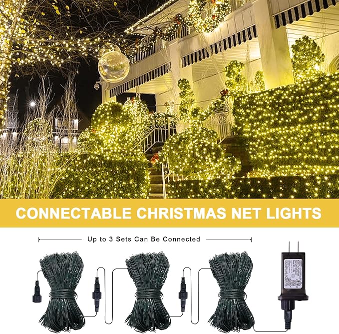 JMEXSUSS 360 LED Christmas Net Lights, Warm White, 12ft x 5ft | Outdoor Waterproof, Connectable, Plug in, Mesh Lights with Remote for Bushes Shrubs Christmas Decorations