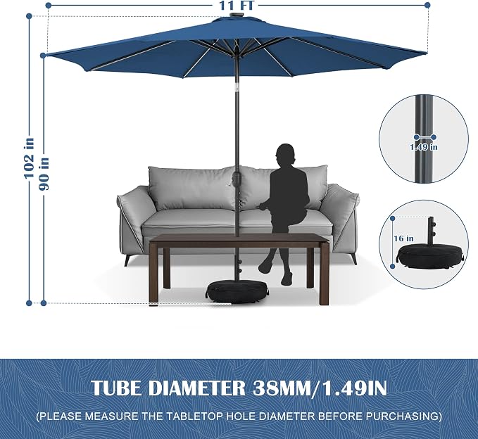 Sundale Outdoor 104 LED 11 FT Solar Patio Umbrella with Base, Navy | Sand Bag Umbrella Base, Tilt, Crank, Solar Lights