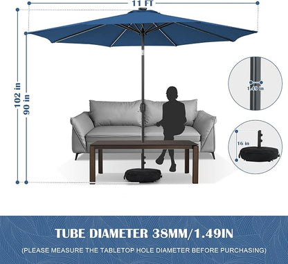 Sundale Outdoor 104 LED 11 FT Solar Patio Umbrella with Base, Navy | Sand Bag Umbrella Base, Tilt, Crank, Solar Lights