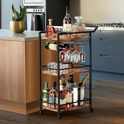 LOTEYIKE 3 Tier Bar Cart, Mini Liquor Utility Cart for Wine Beverage Dinner Party, Rolling Wine Coffee Drink Serving Cart with Lockable Wheels for Home Kitchen Bars (Rustic Brown) | Rolling Wine Coffee Drink Serving Cart with Lockable Wheels for Home K...