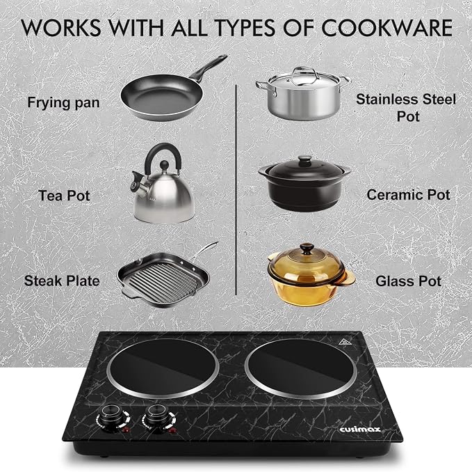 CUSIMAX Double Burner Electric Hot Plate for Cooking, 1800W, Black Marble | Portable Infrared Cooktop with Dual Temperature Control/Heat-up in Seconds/Overheating Protectio/Stainless Steel/Easy Cleanup
