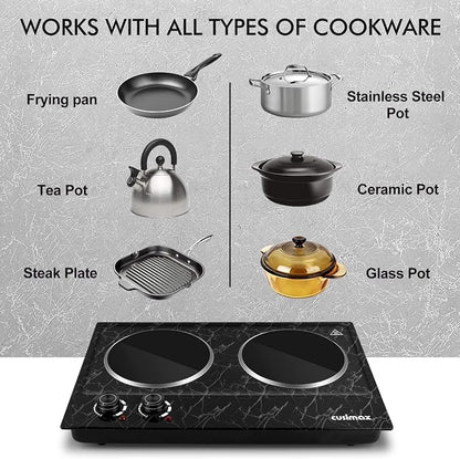 CUSIMAX Double Burner Electric Hot Plate for Cooking, 1800W, Black Marble | Portable Infrared Cooktop with Dual Temperature Control/Heat-up in Seconds/Overheating Protectio/Stainless Steel/Easy Cleanup