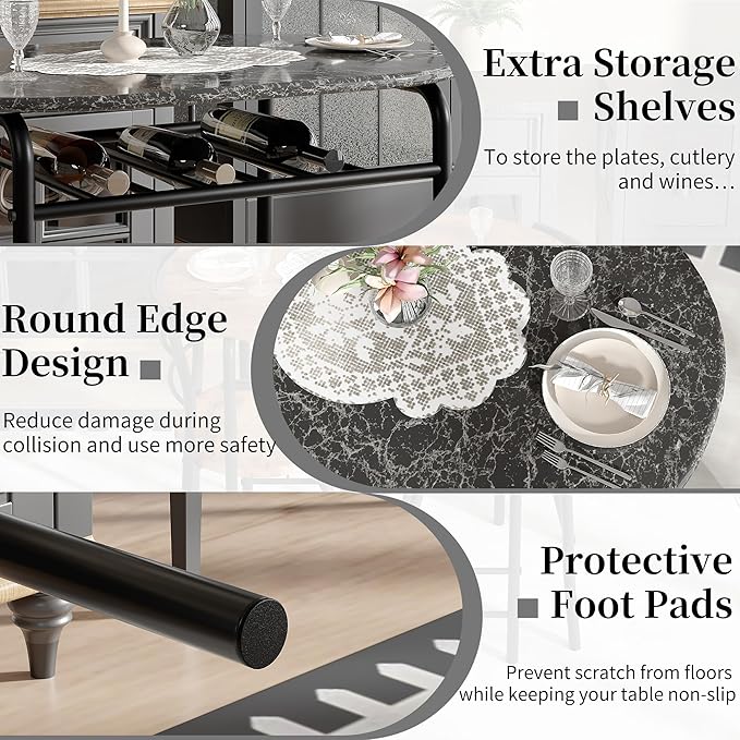 VECELO 3-Piece Dining Table Set for Kitchen Breakfast Nook, Wood Grain Oval Tabletop and Metal Frame with Built-in Wine Rack, for Small Spaces, Faux Marble Black
