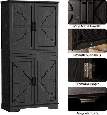 IRONCK 72" Farmhouse Kitchen Pantry Cabinet with Sliding Storage Rack,Black | Tall Freestanding Cupboard with 6 Hanging Shelves for Kitchen, Dining Room