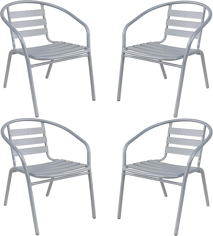 Gray Indoor Outdoor 23.75" Restaurant Stainless Steel Silver Aluminum + 4 Metal Slat Stack Lightweight, 4 Chairs with a Round Table
