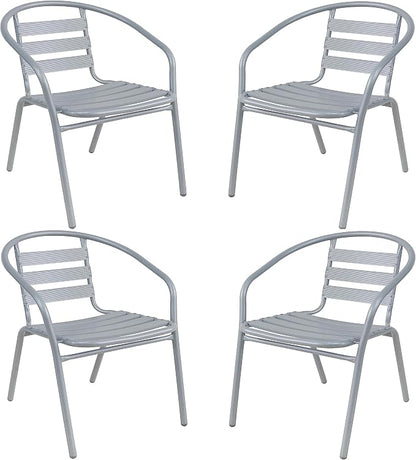 Gray Indoor Outdoor 23.75" Restaurant Stainless Steel Silver Aluminum + 4 Metal Slat Stack Lightweight, 4 Chairs with a Round Table