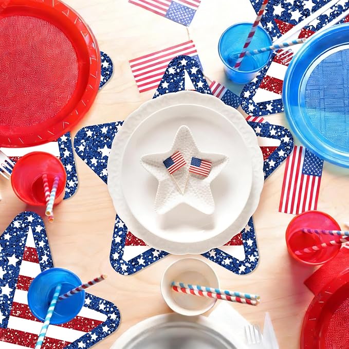 24 PCS Independence Day Star Shaped Placemats Set, 12" x 12" Patriotic American Flag Red White Blue Star Placemat Disposable Table Mats for 4th of July Party BBQ Picnic Dining Table Decoration