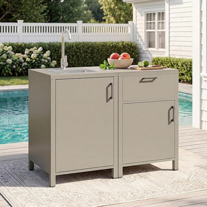 Wisteria Lane Outdoor Storage Cabinet with Stainless Steel Sink, Aluminum Modular Outdoor Kitchen, All Weather Kitchen Island with Storage and Drawers for BBQ, Porch, Backyard