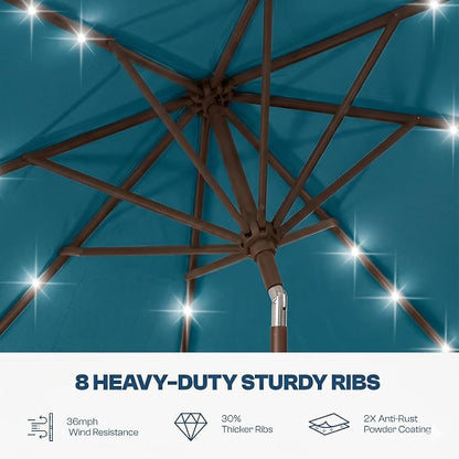10FT Solar Lighted Patio Umbrella, Outdoor Table Market Umbrellas with Push Button Tilt and Crank, 32 LED Lights, 8 Sturdy Ribs, UV-Resistant for Deck, Garden, Pool