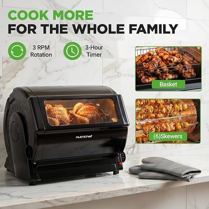 NutriChef Horizontal Rotating Shawarma Oven | Rotisserie, Shawarma & Kebab Machine | Includes Large 22.4 Quart Capacity, 3-Hour Timer & 6 Kebab Skewers | Ideal for Chicken,Turkey & Lamb | Black