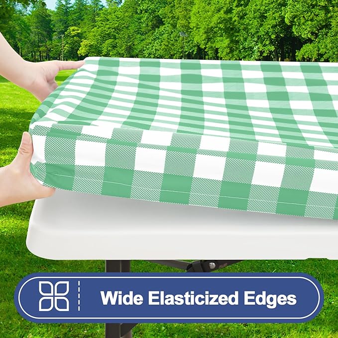 Smiry Picnic Table Cloth 2 Pack, Waterproof Elastic Fitted Tablecloths for 4FT Rectangle Tables, Washable Polyester Buffalo Plaid Tablecloth for Camping & Outdoor (Sage Green & White, 30" x 48")