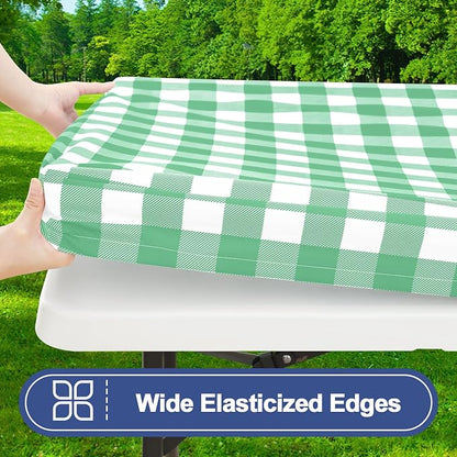 Smiry Picnic Table Cover with Bench Covers, Waterproof Elastic Fitted Tablecloths for 8 Foot Rectangle Tables, Washable Buffalo Plaid Tablecloth for Camping, Outdoor (Sage Green & White, 30"x96")
