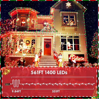 XURISEN 551FT 1400 LED Christmas Lights Outdoor Green Wire String Lights 8 Modes with Timer Memory Waterproof Fairy Lights Plug in for Xmas Tree Wedding Yard Party Holiday Decorations(Red+Green)