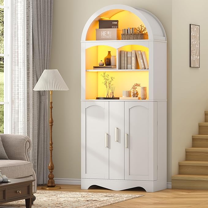 kepptory 75”Arched Pantry Cabinets with Microwave Shelf, Tall Kitchen Pantry Storage Cabinet with Drawer and Adjustable Shelves, Cupboards with LED Light for Kitchen, Living Room, Dining Room Use