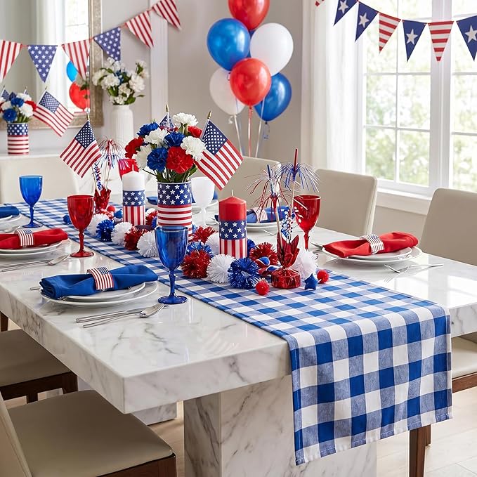 Blue Plaid Table Runner Independence Day Buffalo Checkered Centerpiece Fabric 13x108 Inch 4 Packs Table Cloths Party Picnic Decorative Gingham Rectangle Blue and White Checkered Linen Decorations