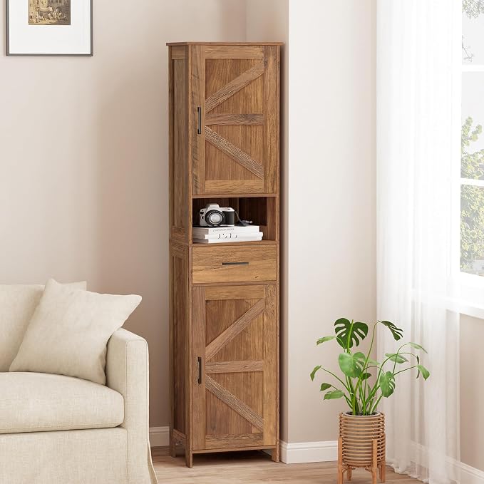 Homhedy 67" H Tall Bathroom Storage Cabinet with Barn Doors and Drawer | Narrow Storage Unit with Adjustable Shelves, Floor Cabinet for Bathroom, Living Room, Entryway,Kitchen,Rustic Walnut, 15.7" W