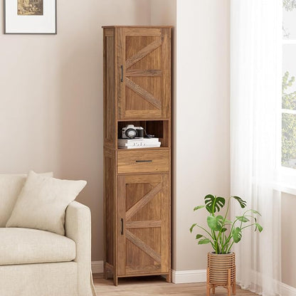Homhedy 67" H Tall Bathroom Storage Cabinet with Barn Doors and Drawer | Narrow Storage Unit with Adjustable Shelves, Floor Cabinet for Bathroom, Living Room, Entryway,Kitchen,Rustic Walnut, 15.7" W