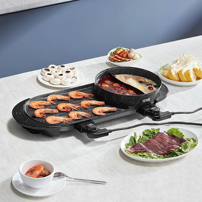 VEVOR Hot Pot with Grill, 2200W 2-in-1 Electric Smokeless Grill and Hot Pot, Korean BBQ Shabu Shabu Hotpot with Separate Dual Temperature Control, Non-stick Pan, for 1-6 People Family Dinning