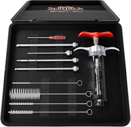 SpitJack SHOT XL Meat Injector Kit, 70ml BBQ Marinade Syringe with 4 Stainless Steel Needles, Case and Cleaning Brushes for Brisket, Turkey, Pork, Smoking and BBQ