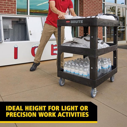 Rubbermaid Commercial Brute 3-Shelf Heavy-Duty Utility/Service Cart, Medium, High Storage, Lipped Shelves, Ergonomic Handle, 600 lb. Capacity, Ideal for Warehouse/Garage/Cleaning/Maintenance/Office