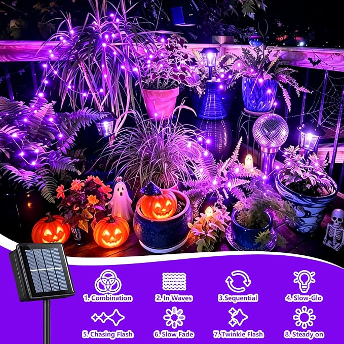 QITONG Solar Fairy Lights Outdoor Waterproof, 2 Pack Each 66ft 200 LED Purple Halloween String Lights, Silver Wire Christmas Twinkle Mini Lights with 8 Modes