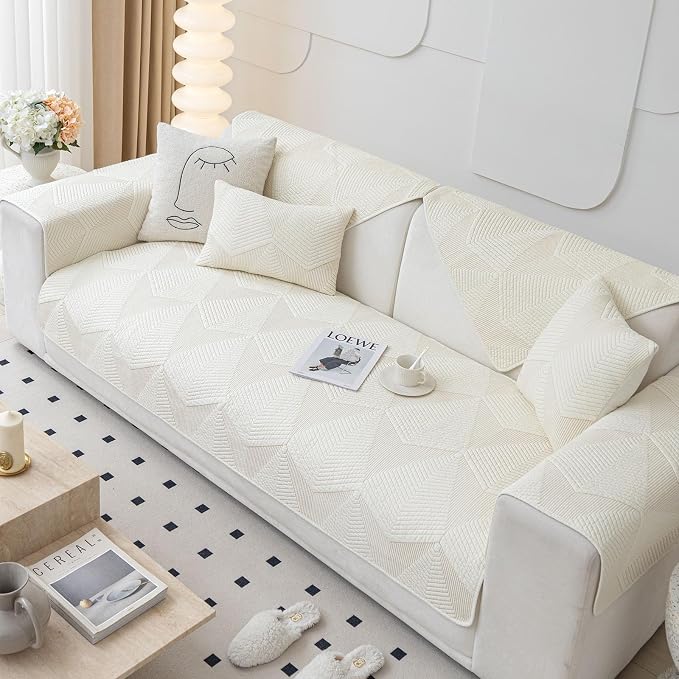 vctops Cotton Quilted Couch Covers for Sectional Sofa (Cream,28"x47") | Geometric Washable Non Slip Sofa Slipcover for Dogs, Children, Pets Furniture Protector Cover