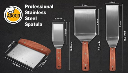 Set of 4 Stainless Steel BBQ Grill Spatula, Griddle Spatula for Blackstone | Metal Full Tang Wooden Handle,Beveled Edges for Cast Iron Blackstone Griddle, BBQ Grill Tools