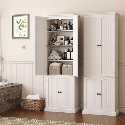 Function Home 72" Kitchen Pantry Cabinet, Tall Wood Storage Cabinet with Doors and Adjustable Shelves, 6-Tier Freestanding Cupboard for Kitchen Dining Room Living Room Bathroom, White