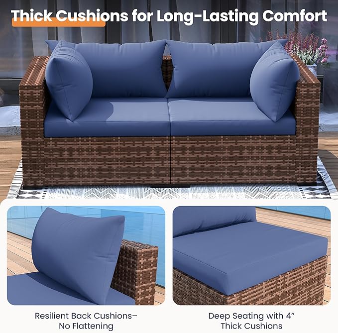 UDPATIO Patio Furniture Set with Fire Pit Table, 5 Piece Outdoor Sectional Sofas, All-Weather Wicker Conversation for Garden, Backyard, Navy Blue