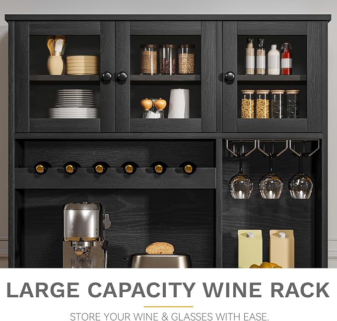 DWVO 71''H Pantry Cabinet with Drawer, Doors, Goblet Holder, Wine Rack for Storage, Pantry Cabinet with Power Outlet for Kitchen & Living Room (Black Oak) | Tall Cabinet with Doors, Shelves & Drawer, Buffet Cabinet with Goblet Holder and Wine Rack for ...