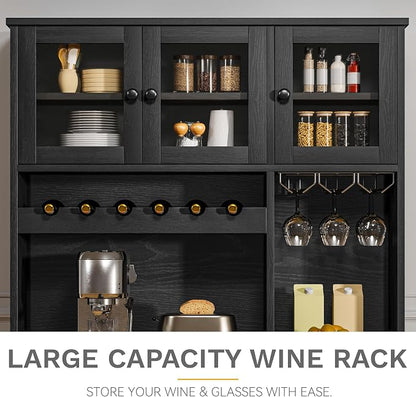 DWVO 71''H Pantry Cabinet with Drawer, Doors, Goblet Holder, Wine Rack for Storage, Pantry Cabinet with Power Outlet for Kitchen & Living Room (Black Oak) | Tall Cabinet with Doors, Shelves & Drawer, Buffet Cabinet with Goblet Holder and Wine Rack for ...