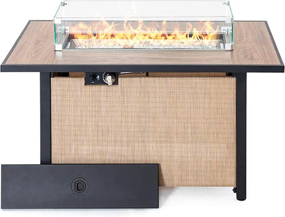 Nuu Garden 43 Inch Propane Fire Pit Table CSA Listed 50000 BTU Gas Fire Pit with Lid Glass Wind Guard and Fire Glass Beads 2 in 1 Rectangular Outdoor Fire Table for Patio Backyard Light Brown