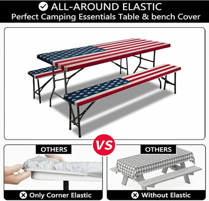 American Flag Picnic Table Cover with Bench Covers, Waterproof Windproof Oilproof, Camping Essentials, Fitted Tablecloth Cover with Elastic Edge, for Indoor & Outdoor, Garden, 3 Pieces Set, 30x60 Inch