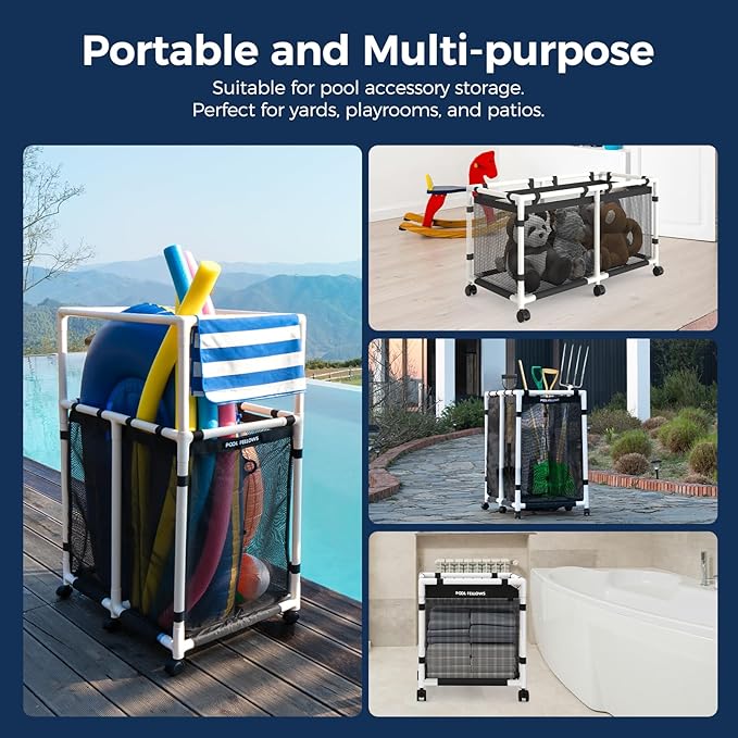 Pool Storage Bin, 105 Gallons, Holder for Noodles, Toys, Floats, Towels, Mesh Organizer for Swimming Equipments, Basic Style