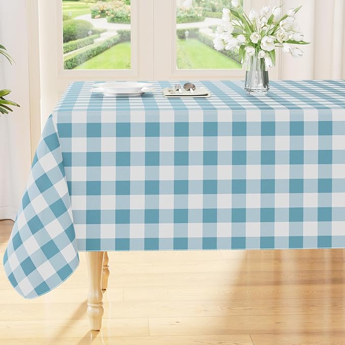 Smiry Picnic Table Cloth, Vinyl Tablecloths with Flannel Backing, 60"x84" | Waterproof Rectangle Table Cloth, Wipeable Buffalo Plaid Table Cover for Indoor and Outdoor (Aquamarine & White)