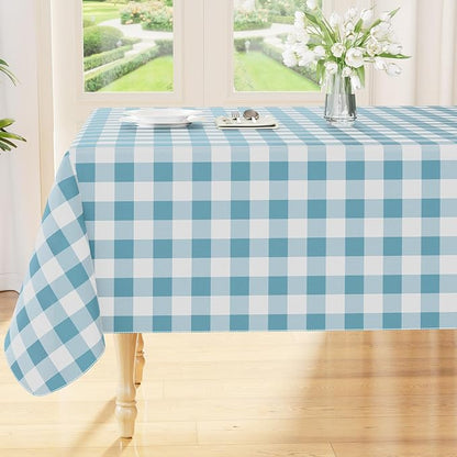 Smiry Picnic Table Cloth, Vinyl Tablecloths with Flannel Backing, 52"x70" | Waterproof Rectangle Table Cloth, Wipeable Buffalo Plaid Table Cover for Indoor and Outdoor (Aquamarine & White)