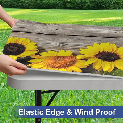 Irisbell Picnic Table Cover with Elastic Edge,6FT Wind Proof Wrinkleproof Fitted Tablecloth Cover Camping Beach Patio Rectangle Table Cloth for Indoor Outdoor (Wood & Sunflower, 30'' x 72'')