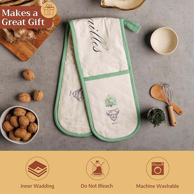 Maison d' Hermine Double Oven Mitts 100% Cotton 7"x35" Double Oven Mitt Heat Resistant BBQ Cooking Gloves with Loop Baking Grilling Kitchen Hotel Home Farmhouse Spring Summer (Jardin Du Roy)