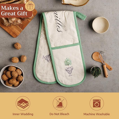 Maison d' Hermine Double Oven Mitts 100% Cotton 7"x35" Double Oven Mitt Heat Resistant BBQ Cooking Gloves with Loop Baking Grilling Kitchen Hotel Home Farmhouse Spring Summer (Jardin Du Roy)
